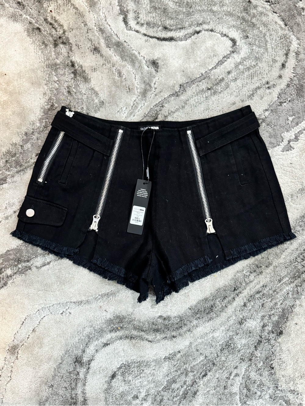 Fashion Nova Black Denim Zip-Front Frayed Hem Shorts